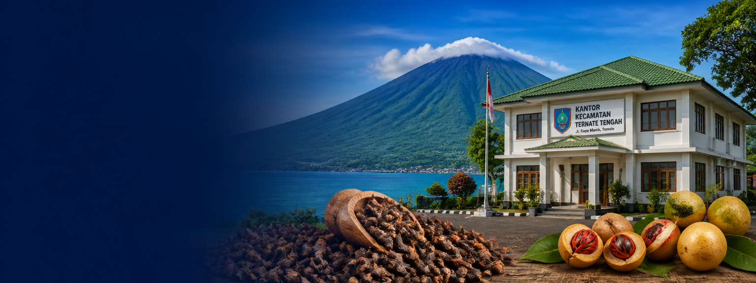 Pemandangan Kota Ternate dengan Kantor Kecamatan Ternate Tengah, Gunung Gamalama, dan rempah khas Ternate