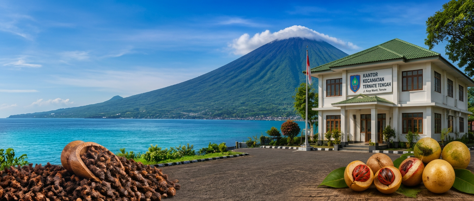 Pemandangan Kota Ternate dengan Kantor Kecamatan Ternate Tengah, Gunung Gamalama, dan rempah khas Ternate